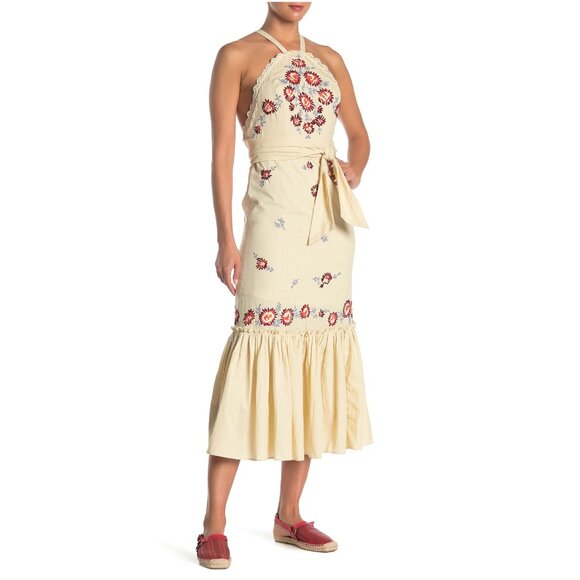 Free People Chrysanthemum Kiss Embroidered Maxi Dress Ecru Combo